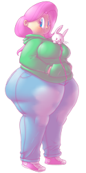 Size: 1024x2048 | Tagged: safe, artist:secretgoombaman12345, angel bunny, fluttershy, human, rabbit, ass, bbw, blushing, chubby, clothes, cute, fat, fattershy, humanized, jeans, wide hips