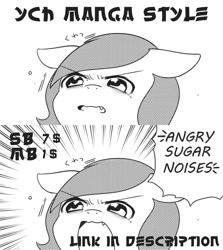 Size: 1024x1150 | Tagged: safe, artist:sugar morning, oc, oc only, oc:sugar morning, pony, angry dog noises, announcement, black and white, bust, commission, grayscale, manga, meme, monochrome, portrait, remake, solo, text bubbles, your character here