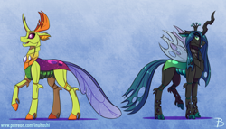 Size: 1772x1013 | Tagged: safe, artist:inuhoshi-to-darkpen, derpibooru import, queen chrysalis, thorax, changedling, changeling, changeling queen, blue background, changeling king, colored hooves, compound eyes, duo, exoskeleton, female, king thorax, male, raised hoof, simple background