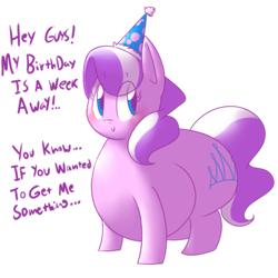 Size: 1280x1280 | Tagged: safe, artist:secretgoombaman12345, diamond tiara, ask chubby diamond, chubby diamond, fat, hat, party hat, solo, text