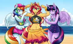 Size: 3200x1940 | Tagged: safe, artist:ambris, rainbow dash, sunset shimmer, twilight sparkle, twilight sparkle (alicorn), alicorn, anthro, equestria girls, equestria girls series, forgotten friendship, adorasexy, armpits, beach, bedroom eyes, belly button, biceps, big breasts, board shorts, breasts, cleavage, clothes, cute, dashabetes, female, flexing, gunset shimmer, hat, headlight sparkle, lesbian, looking at you, measuring tape, midriff, muscles, one-piece swimsuit, rainboob dash, rainbuff dash, sexy, shimmerbetes, shipping, smiling, smirk, summer sunset, sunset jiggler, sunset lifter, sunset shimmer gets all the mares, sunsetdash, sunsetsparkle, swimsuit, twiabetes