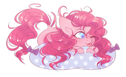 Size: 1300x800 | Tagged: safe, artist:soundwavepie, derpibooru import, pinkie pie, earth pony, pony, :p, blushing, bow, colored pupils, cushion, cute, diapinkes, dock, female, mare, one eye closed, prone, simple background, solo, tongue out, transparent background, wink