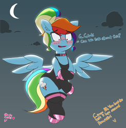 Size: 5014x5111 | Tagged: safe, artist:pabbley, rainbow dash, pegasus, pony, semi-anthro, absurd resolution, adorasexy, beautiful, beautisexy, blushing, clothes, crescent moon, cute, dashabetes, dialogue, ear fluff, eye clipping through hair, female, flying, girly, hoof polish, humiliation, implied applejack, implied pinkie pie, leotard, lost bet, mare, moon, nail polish, open mouth, ponytail, qt, rainbow dash always dresses in style, sexy, socks, solo