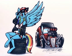 Size: 3300x2545 | Tagged: safe, artist:sketchywolf-13, derpibooru import, rainbow dash, anthro, pegasus, unguligrade anthro, breasts, car, clothes, engine, female, ford, hot rod, rainboob dash, simple background, solo, sunglasses, traditional art, white background, white walls, wings