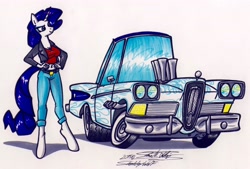 Size: 4090x2770 | Tagged: safe, artist:sketchywolf-13, derpibooru import, rarity, anthro, unguligrade anthro, unicorn, car, clothes, edsel, female, ford, ford edsel, horn, simple background, solo, traditional art, white background