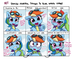 Size: 1600x1300 | Tagged: safe, artist:pabbley, rainbow dash, oc, oc:anon, human, pegasus, pony, blushing, clothes, comic, crying, cute, dashabetes, dialogue, doing loving things, ear scratch, exclamation point, female, goggles, happy, human male, interrobang, looking at you, male, mare, meme, not doing hurtful things to your waifu, offscreen character, open mouth, petting, question, question mark, smiling, solo, tears of joy, underhoof, uniform, waifu, waifu chart, wonderbolts uniform