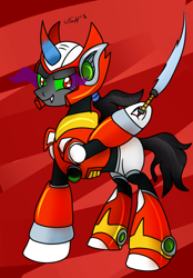 Size: 746x1072 | Tagged: safe, artist:novaspark, king sombra, pony, unicorn, clothes, cosplay, costume, megaman, megaman x, solo, zero