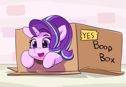 Size: 5162x3554 | Tagged: safe, artist:pabbley, starlight glimmer, pony, unicorn, boop box, box, cute, female, glimmerbetes, happy, imminent boop, mare, open mouth, pony in a box, smiling, solo, sweet dreams fuel, wrong eye color