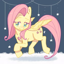 Size: 2048x2048 | Tagged: safe, artist:chapaghettii, derpibooru import, fluttershy, pegasus, pony, crescent moon, cute, female, head turn, high res, lidded eyes, mare, moon, night, shyabetes, solo, spread wings, stars, wings