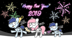 Size: 3840x2160 | Tagged: safe, artist:sugar morning, oc, oc only, oc:beefy, oc:slipstream, oc:sugar morning, dog pony, pegasus, pony, black background, boofy, collar, couple, cute, family, female, fireworks, happy new year, happy new year 2019, hat, holiday, male, mare, mouth hold, musical instrument, party hat, party horn, simple background, snow, sparkler (firework), spiked collar, stallion, standing, text, trumpet