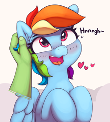 Size: 2432x2711 | Tagged: safe, artist:pabbley, rainbow dash, oc, oc:anon, human, pegasus, pony, blushing, cute, dashabetes, disembodied hand, ear scratch, event horizon of cuteness, floating heart, hand, happy, heart, heart eyes, human on pony petting, moaning, moaning in pleasure, offscreen character, offscreen human, open mouth, petting, wingding eyes