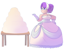 Size: 1280x1067 | Tagged: safe, artist:secretgoombaman12345, diamond tiara, human, ask chubby diamond, breasts, cake, chubby, clothes, diamond titiara, dress, fat, female, humanized, solo, wedding dress