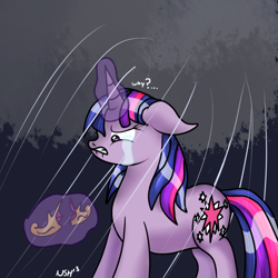 Size: 894x894 | Tagged: safe, artist:novaspark, twilight sparkle, pony, unicorn, ..., crying, dialogue, female, glowing horn, levitation, lip bite, magic, mare, multicolored mane, multicolored tail, purple coat, rain, signature, solo, telekinesis, wet mane, wet tail