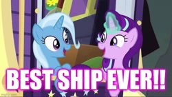 Size: 640x360 | Tagged: safe, derpibooru import, edit, edited screencap, screencap, starlight glimmer, trixie, pony, unicorn, road to friendship, caption, excessive exclamation marks, female, image macro, lesbian, shipping, startrix, text