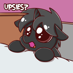 Size: 949x949 | Tagged: safe, artist:sugar morning, oc, oc:dog whisperer, pony, unicorn, bed, bedsheets, colt, cute, dialogue, floppy ears, frown, indoors, male, meme, open mouth, puppy dog eyes, sad, solo, talking, upsies, weapons-grade cute