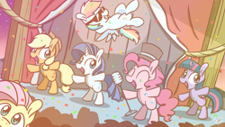 Size: 3840x2160 | Tagged: safe, artist:sugar morning, applejack, fluttershy, pinkie pie, rainbow dash, rarity, twilight sparkle, twilight sparkle (alicorn), alicorn, earth pony, pegasus, pony, unicorn, pinkie pride, bipedal, birthaversary, chibi, confetti, crowd, dancing, female, make a wish, mane six, mare, microphone, party, rainbow dash day, rainbow dash's birthday, scene interpretation, singing, smiling, stage