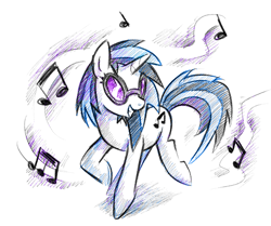 Size: 700x585 | Tagged: safe, artist:faezza, derpibooru import, dj pon-3, vinyl scratch, pony, unicorn, female, mare, music notes, simple background, smiling, solo, white background