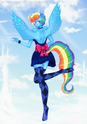 Size: 800x1134 | Tagged: safe, artist:yoye-wolfgrel, derpibooru import, rainbow dash, anthro, unguligrade anthro, clothes, cloud, rainbow dash always dresses in style, socks, thigh highs