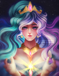 Size: 700x900 | Tagged: safe, artist:kgfantasy, derpibooru import, princess celestia, human, bare shoulders, bust, crepuscular rays, crown, cutie mark, cutie mark accessory, ear piercing, earring, female, humanized, jewelry, piercing, regalia, solo