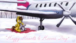 Size: 3840x2160 | Tagged: safe, artist:sugar morning, oc, oc only, oc:blu skies, oc:sierra summit, original species, pegasus, plane pony, pony, a-10 thunderbolt ii, blanket, commission, couple, cuddling, cute, eyes closed, female, forest, happy hearts and hooves day, happy valentines day, heart, hearts and hooves day, hug, love, male, mare, oc x oc, plane, shipping, snow, stallion, text, tree