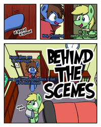 Size: 1024x1280 | Tagged: safe, artist:sugar morning, oc, oc only, oc:bizarre song, oc:lemming, pegasus, pony, comic:behind the scenes, cape, choker, clock, clothes, comic, dialogue, door, furniture, house, inside, knocking, knocking on door, messy mane, nodding, onomatopoeia, sofa, talking