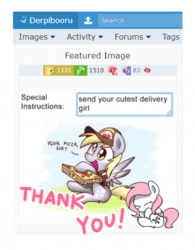 Size: 404x518 | Tagged: safe, artist:sugar morning, derpibooru exclusive, derpy hooves, oc, oc:sugar morning, pegasus, pony, animated, chibi, clothes, cute, daaaaaaaaaaaw, delivery, derpabetes, derpibooru, dialogue, eyes closed, female, flapping, food, grass, happy, hat, hnnng, holding, hoof hold, mare, meme, meta, open mouth, pizza, pizza box, rocking, screenshots, shirt, simple background, sitting, smiling, solo, spread wings, text, thank you, weapons-grade cute, white background, wings