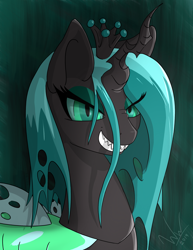 Size: 1662x2158 | Tagged: safe, artist:woodsideworks, derpibooru import, queen chrysalis, changeling, changeling queen, abstract background, bust, female, inktober, inktober 2019, sharp teeth, signature, smiling, solo, teeth