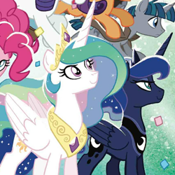 Size: 600x600 | Tagged: safe, derpibooru import, idw, pinkie pie, princess celestia, princess luna, rarity, scootaloo, stygian, alicorn, earth pony, pegasus, pony, unicorn, spoiler:comic88, comic, cover art, official comic, royal sisters