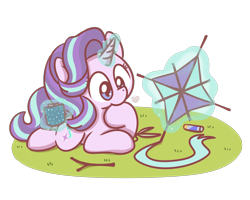 Size: 2560x2048 | Tagged: source needed, safe, artist:sugar morning, starlight glimmer, pony, unicorn, chibi, chocolate, cute, empathy cocoa, female, food, glimmerbetes, glowing horn, glue, heart, hot chocolate, kite, lying down, magic, mare, scissors, simple background, starlight glimmer day, stick, telekinesis, that pony sure does love kites, transparent background