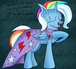 Size: 2200x2000 | Tagged: safe, artist:novaspark, rainbow dash, trixie, oc, alicorn, pony, abstract background, alicorn oc, cape, clothes, female, fusion, lesbian, shipping, signature, solo, text, what has science done