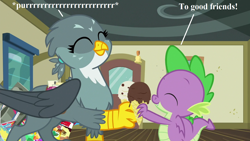 Size: 1280x720 | Tagged: safe, derpibooru import, edit, edited screencap, screencap, gabby, spike, dragon, griffon, dragon dropped, behaving like a cat, catbird, cute, food, gabbybetes, griffons doing cat things, ice cream, purring, spikabetes, talking