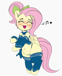 Size: 3737x4584 | Tagged: safe, artist:pabbley, fluttershy, pegasus, pony, 30 minute art challenge, adorasexy, alternate hairstyle, bard, belly button, belly dancer, blushing, bow, chubby, chubbyshy, clothes, cute, dancer, dancing, eyes closed, fantasy class, female, floppy ears, flutterthighs, hair bow, heart, mare, music notes, open mouth, plump, ponytail, sexy, shyabetes, simple background, singing, smiling, socks, solo, thick, white background