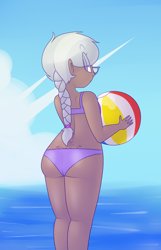 Size: 900x1400 | Tagged: safe, artist:secretgoombaman12345, silver spoon, human, ask chubby diamond, ass, beach ball, bikini, clothes, humanized, moderate dark skin, older, older silver spoon, silverbutt, solo, swimsuit, tramp stamp