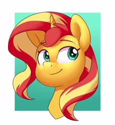 Size: 1574x1718 | Tagged: safe, artist:ayvie-art, derpibooru import, sunset shimmer, pony, abstract background, bust, cute, female, mare, portrait, shimmerbetes, solo