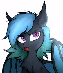 Size: 2400x2760 | Tagged: safe, artist:tatykin, derpibooru import, oc, oc only, oc:moondrive, bat pony, bust, female, mare, simple background, solo, tongue out