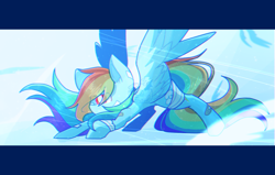 Size: 1024x650 | Tagged: safe, artist:jisuppe, derpibooru import, rainbow dash, pegasus, pony, action pose, bandage, bandaid, letterboxing, solo, watermark