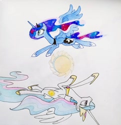 Size: 1080x1112 | Tagged: safe, artist:princess.luna.officially, derpibooru import, princess celestia, princess luna, alicorn, pony, duo, female, flying, hoof shoes, jewelry, mare, peytral, siblings, sun, tiara, traditional art