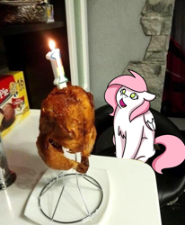 Size: 640x776 | Tagged: safe, artist:sugar morning, oc, oc only, oc:sugar morning, bird, chicken, pegasus, pony, candle, chicken meat, female, food, fried chicken, implied ponies eating meat, irl, mare, meat, open mouth, photo, ponified animal photo, sitting, solo