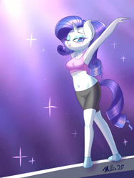 Size: 1500x2000 | Tagged: safe, artist:melliedraws, derpibooru import, rarity, anthro, plantigrade anthro, armpits, beam, blushing, clothes, compression shorts, female, gymnastics, one eye closed, pose, sexy, shorts, showing off, socks, solo, sports bra, sports shorts, stylish, sultry pose, wink