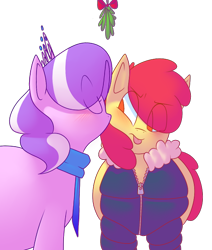 Size: 620x730 | Tagged: safe, artist:secretgoombaman12345, apple bloom, diamond tiara, earth pony, pony, ask chubby diamond, blushing, chubby, chubby diamond, chubby diamond tiara, clothes, coat, diamondbloom, fat, female, kissing, lesbian, mistletoe, scarf, shipping