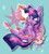 Size: 3691x4096 | Tagged: safe, artist:cutepencilcase, derpibooru import, twilight sparkle, twilight sparkle (alicorn), alicorn, pony, blue background, cheek fluff, chest fluff, cute, cutie mark, cutie mark background, ear fluff, female, food, high res, i'm pancake, leg fluff, magic, mare, open mouth, pancakes, simple background, solo, syrup, telekinesis, tongue out, twiabetes