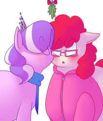 Size: 620x730 | Tagged: safe, artist:secretgoombaman12345, diamond tiara, twist, earth pony, pony, ask chubby diamond, blushing, chubby, clothes, coat, diamondtwist, fat, female, glasses, kissing, lesbian, mistletoe, scarf, shipping, sweat