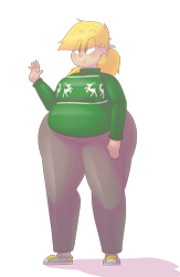 Size: 1248x1920 | Tagged: safe, artist:secretgoombaman12345, derpy hooves, human, aderpose, bbw, chubby, clothes, fat, humanized, light skin, solo, sweater, thunder thighs