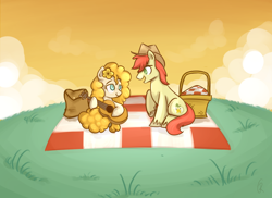 Size: 1100x800 | Tagged: safe, artist:xwreathofroses, derpibooru import, bright mac, pear butter, earth pony, pony, the perfect pear, basket, brightbutter, female, flower, flower in hair, guitar, hat, male, musical instrument, picnic, picnic basket, picnic blanket, scene interpretation, shipping, straight, you're in my head like a catchy song