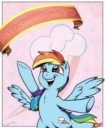 Size: 2050x2500 | Tagged: safe, artist:silverhopexiii, derpibooru import, rainbow dash, pegasus, pony, banner, flight, happy, high res, pink eyes, smiling, solo