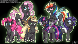 Size: 1920x1080 | Tagged: safe, artist:nekocrispy, applejack, fluttershy, pinkie pie, rainbow dash, rarity, twilight sparkle, changeling, earth pony, pony, fanfic:changelings of harmony, fanfic:six queens, applejack's hat, blue changeling, changeling mane six, changeling six, changelingified, cowboy hat, dashling, female, flutterling, hat, mane six, orange changeling, pink changeling, purple changeling, species swap, stetson, tongue out, white changeling, yellow changeling