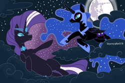 Size: 2160x1440 | Tagged: safe, artist:stormcaller078, derpibooru import, nightmare moon, nightmare rarity, alicorn, pony, unicorn, duo, ethereal mane, female, full moon, helmet, hoof shoes, mare, mare in the moon, moon, night, on clouds, peytral, starry mane, stars