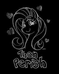 Size: 720x900 | Tagged: safe, artist:texasuberalles, derpibooru import, fluttershy, pegasus, pony, black background, bust, dissonant caption, female, grayscale, heart, looking at you, mare, monochrome, pencil drawing, simple background, solo, text, then perish, traditional art