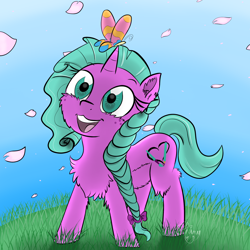 Size: 2000x2000 | Tagged: safe, artist:shinycyan, derpibooru import, oc, oc:minty joy, butterfly, unicorn, art trade, cherry blossoms, flower, flower blossom, happy, long mane, solo