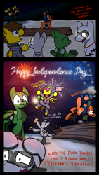 Size: 2160x3840 | Tagged: safe, artist:sugar morning, oc, oc only, oc:blu skies, oc:chaser, oc:red sands, oc:seasprite, oc:sierra summit, original species, plane pony, pony, 2 panel comic, 4th of july, a-10 thunderbolt ii, alcohol, american flag, american independence day, beach, burger, carl gustav m3 maaws, celebrating, celebration, cheering, clothes, clumsy, comic, commission, countdown, driftwood, eye scar, falling, fear, fireworks, food, helicopter, helipony, holiday, hoodie, independence day, jeans, liquor, mi-24, moxie soda, p-3 orion, panic, panicking, pants, patriot, patriotic, patriotism, plane, recoilless rifle, scar, scared, screaming, singing, soda, soda can, sparkler (firework), star spangled banner, united states, vulgar, watch, whiskey